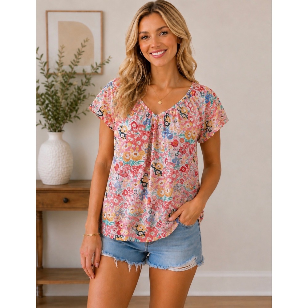 Style & Co Floral Cotton Peasant Blouse Pink Multicolor Short Sleeve Size M